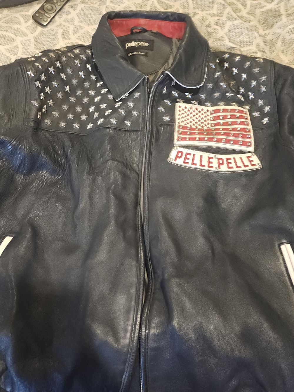 Pelle Pelle Men's blue Leather Flag Patch Jacket